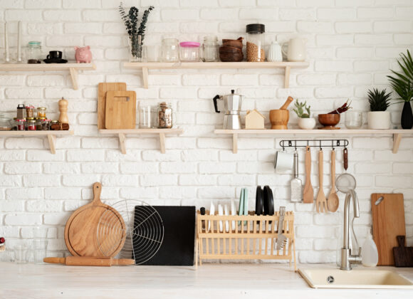 Food Preparation Essentials for Newbies Rustic kitchen interior with white brick wall and white wooden shelves